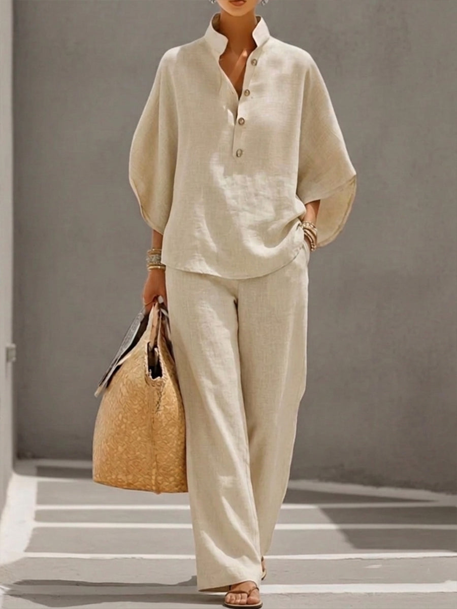 Mariel | Cotton-Linen Batwing Top and Palazzo Trousers Set