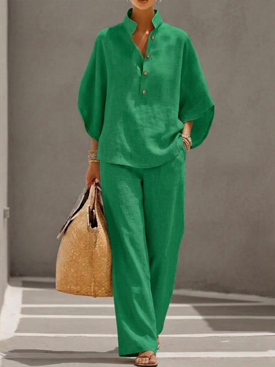 Mariel | Cotton-Linen Batwing Top and Palazzo Trousers Set