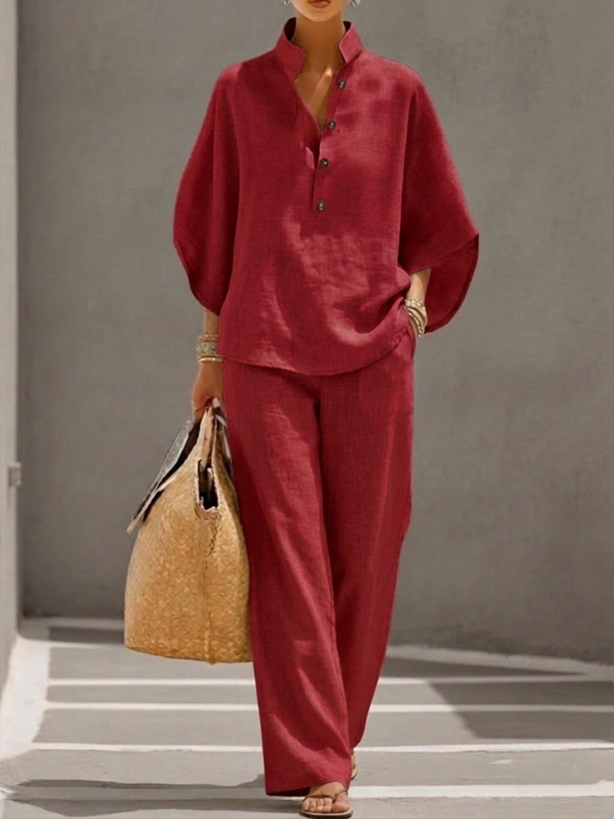 Mariel | Cotton-Linen Batwing Top and Palazzo Trousers Set