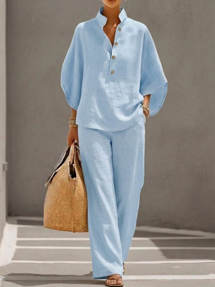 Mariel | Cotton-Linen Batwing Top and Palazzo Trousers Set