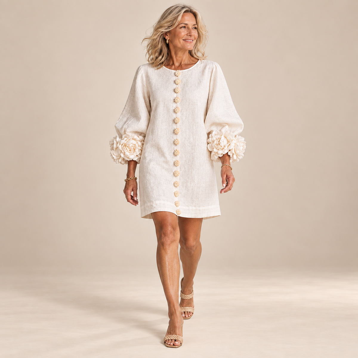 Rosalie Button-Down Mini Dress in White, worn by a mature woman