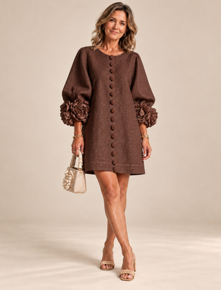 Rosalie Button-Down Mini Dress in Brown, worn by a mature woman