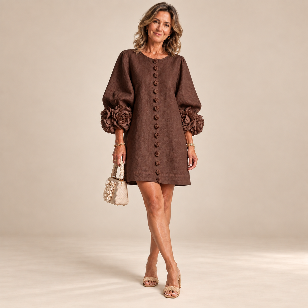 Rosalie Button-Down Mini Dress in Brown, worn by a mature woman