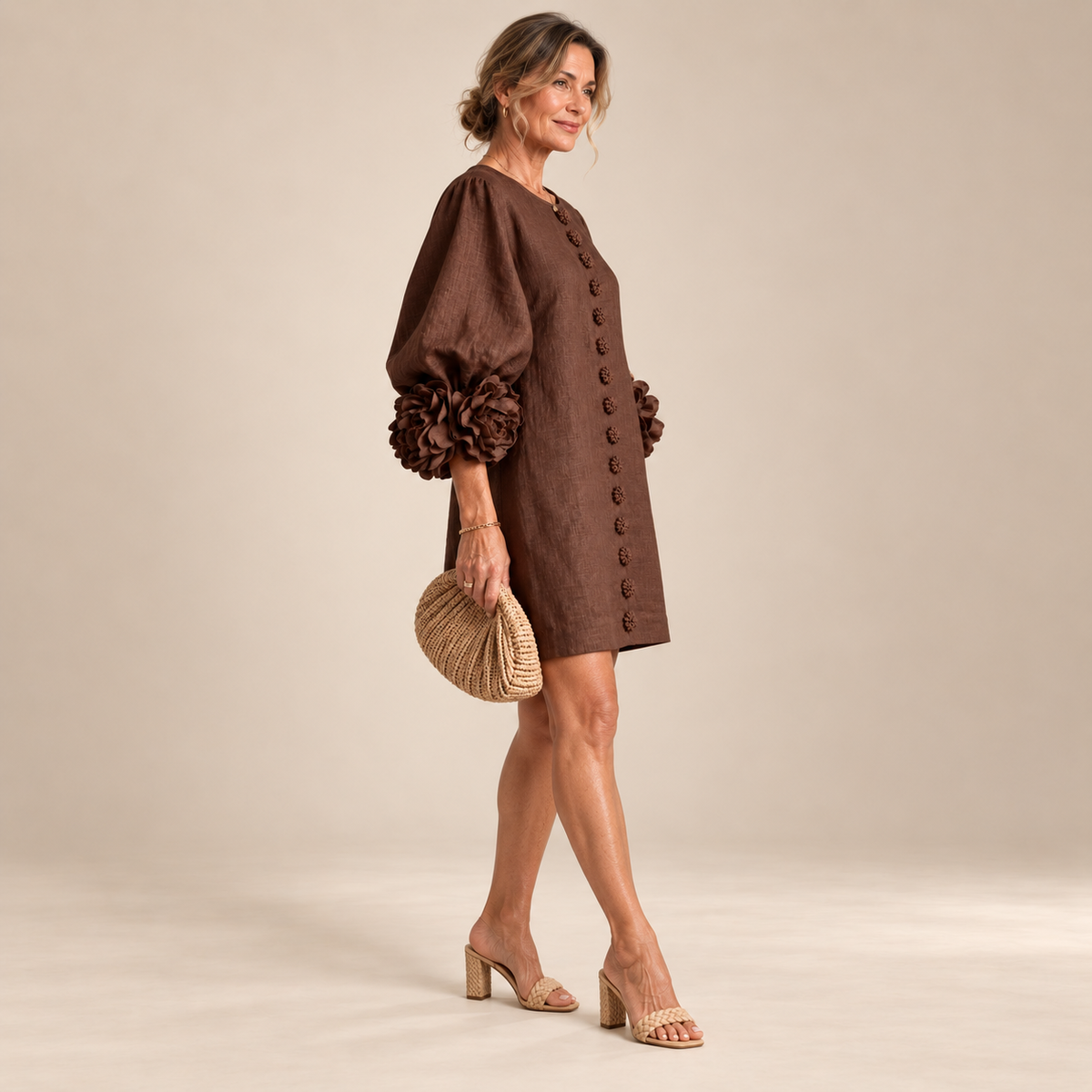 Rosalie Button-Down Mini Dress in Brown, worn by a mature woman