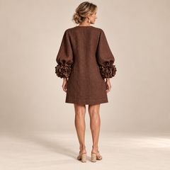 Rosalie Button-Down Mini Dress in Brown, worn by a mature woman