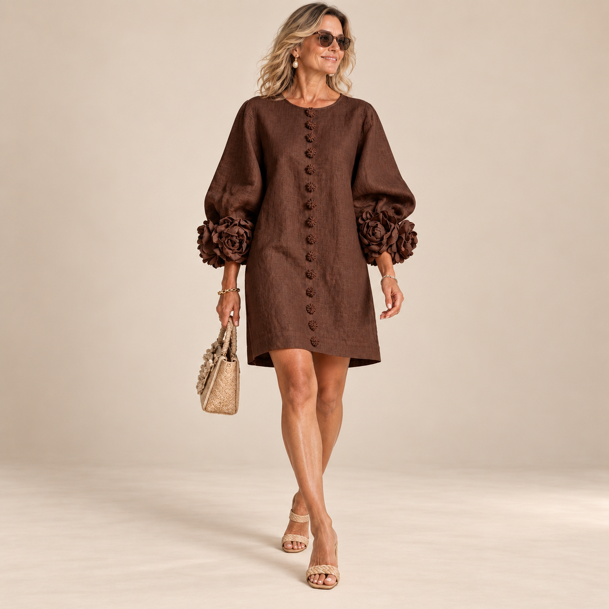 Rosalie Button-Down Mini Dress in Brown, worn by a mature woman
