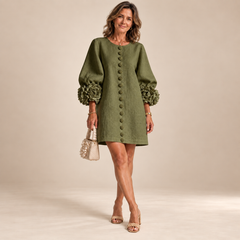 Rosalie Button-Down Mini Dress in Olive, worn by a mature woman