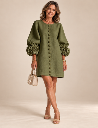 Rosalie Button-Down Mini Dress in Olive, worn by a mature woman