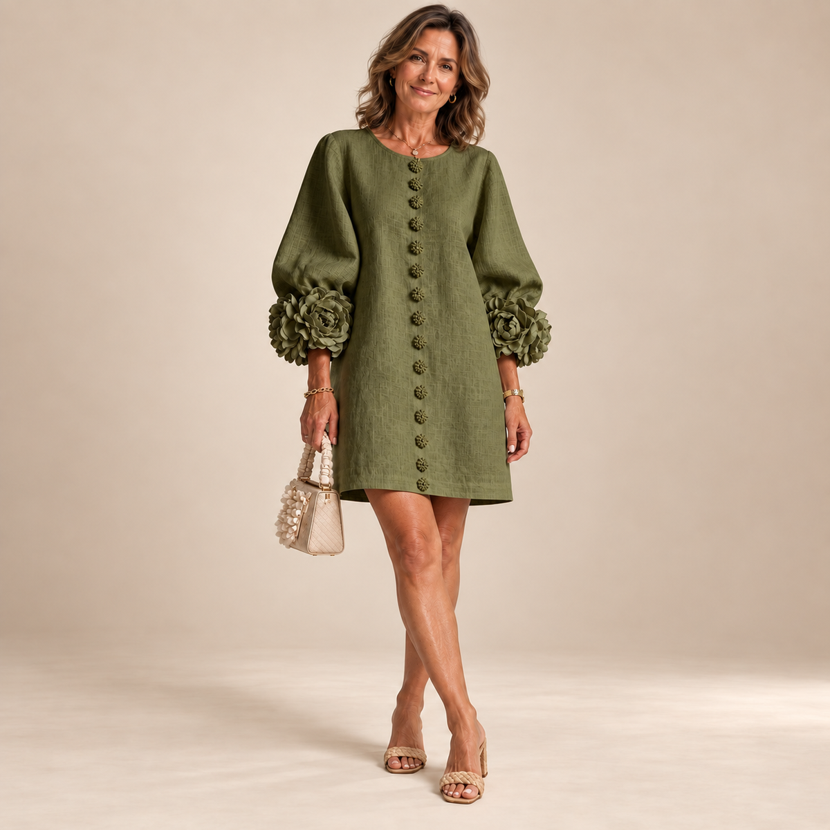 Rosalie Button-Down Mini Dress in Olive, worn by a mature woman