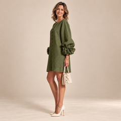 Rosalie Button-Down Mini Dress in Olive, worn by a mature woman
