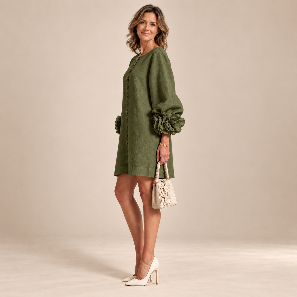 Rosalie Button-Down Mini Dress in Olive, worn by a mature woman