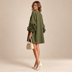 Rosalie Button-Down Mini Dress in Olive, worn by a mature woman