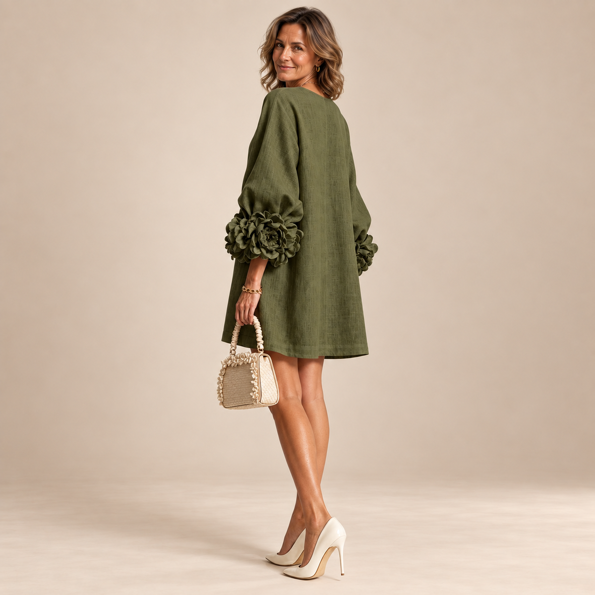 Rosalie Button-Down Mini Dress in Olive, worn by a mature woman