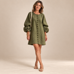 Rosalie Button-Down Mini Dress in Olive, worn by a mature woman