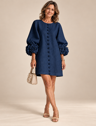 Rosalie Button-Down Mini Dress in Navy, worn by a mature woman