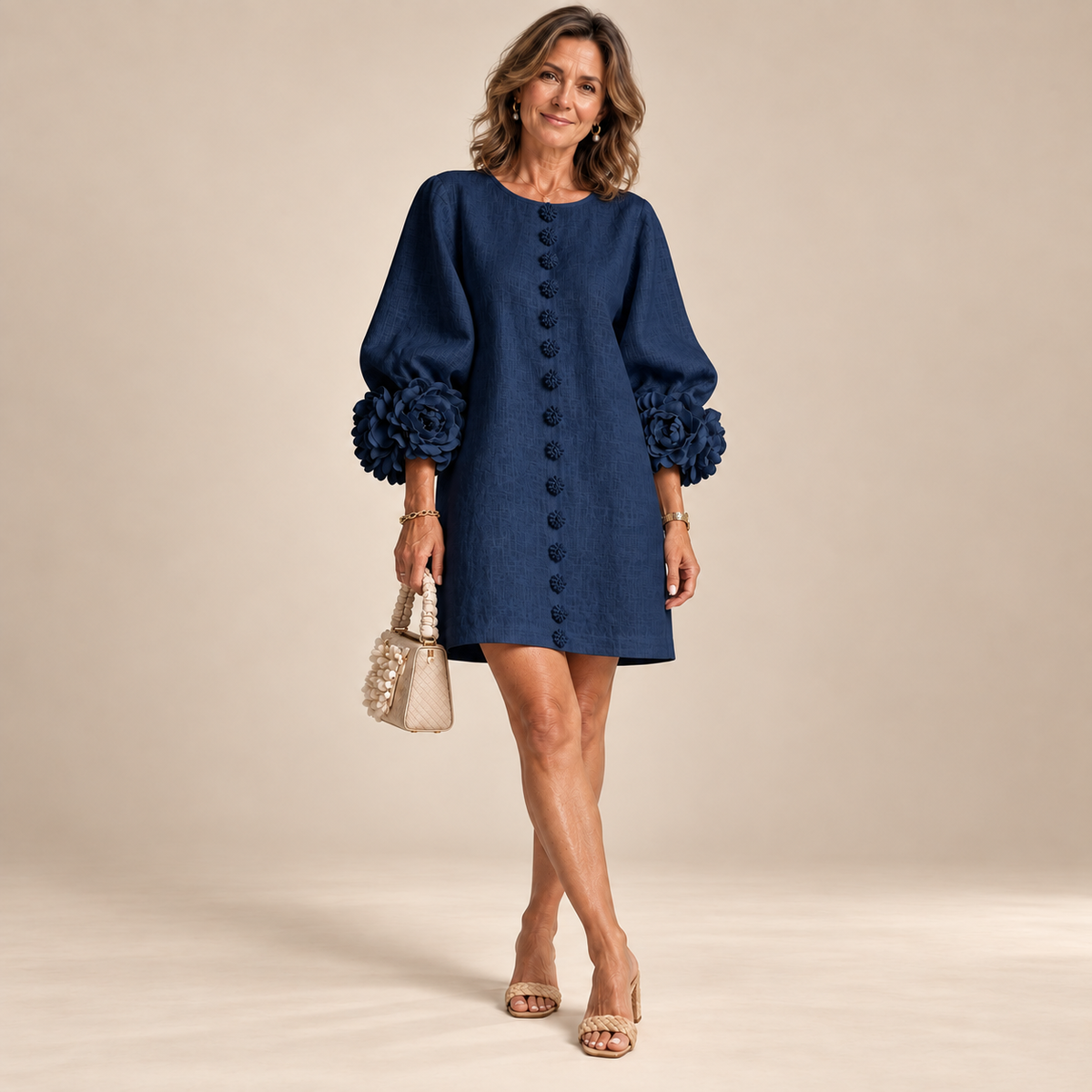 Rosalie Button-Down Mini Dress in Navy, worn by a mature woman