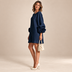 Rosalie Button-Down Mini Dress in Navy, worn by a mature woman
