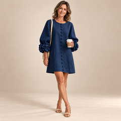 Rosalie Button-Down Mini Dress in Navy, worn by a mature woman