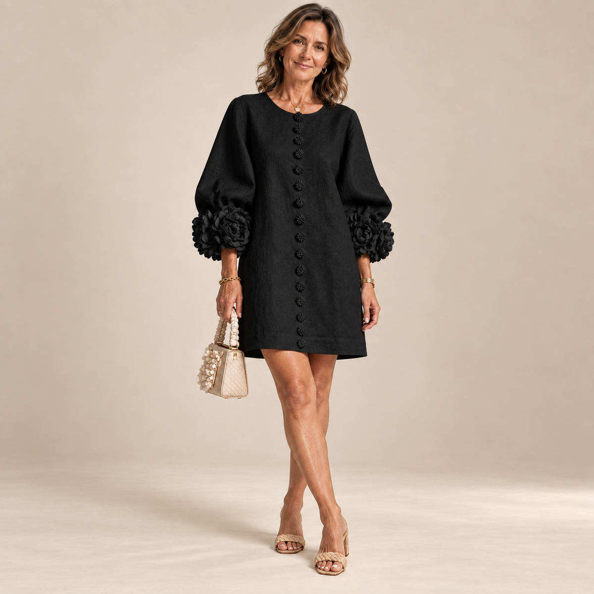 Rosalie Button-Down Mini Dress in Black, worn by a mature woman
