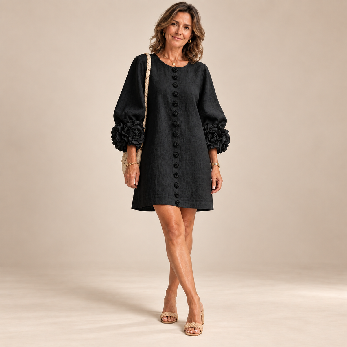Rosalie Button-Down Mini Dress in Black, worn by a mature woman