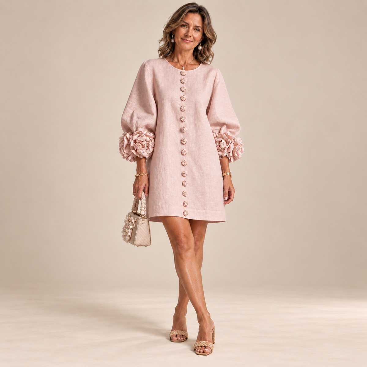 Rosalie Button-Down Mini Dress in Pink, worn by a mature woman