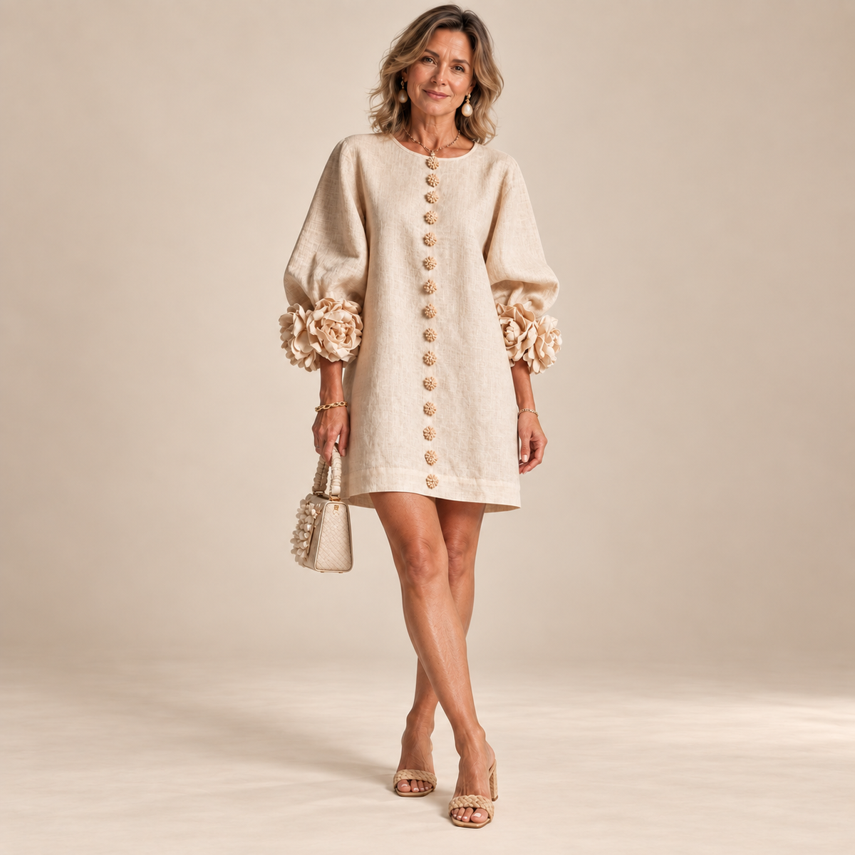 Rosalie Button-Down Mini Dress in Beige, worn by a mature woman