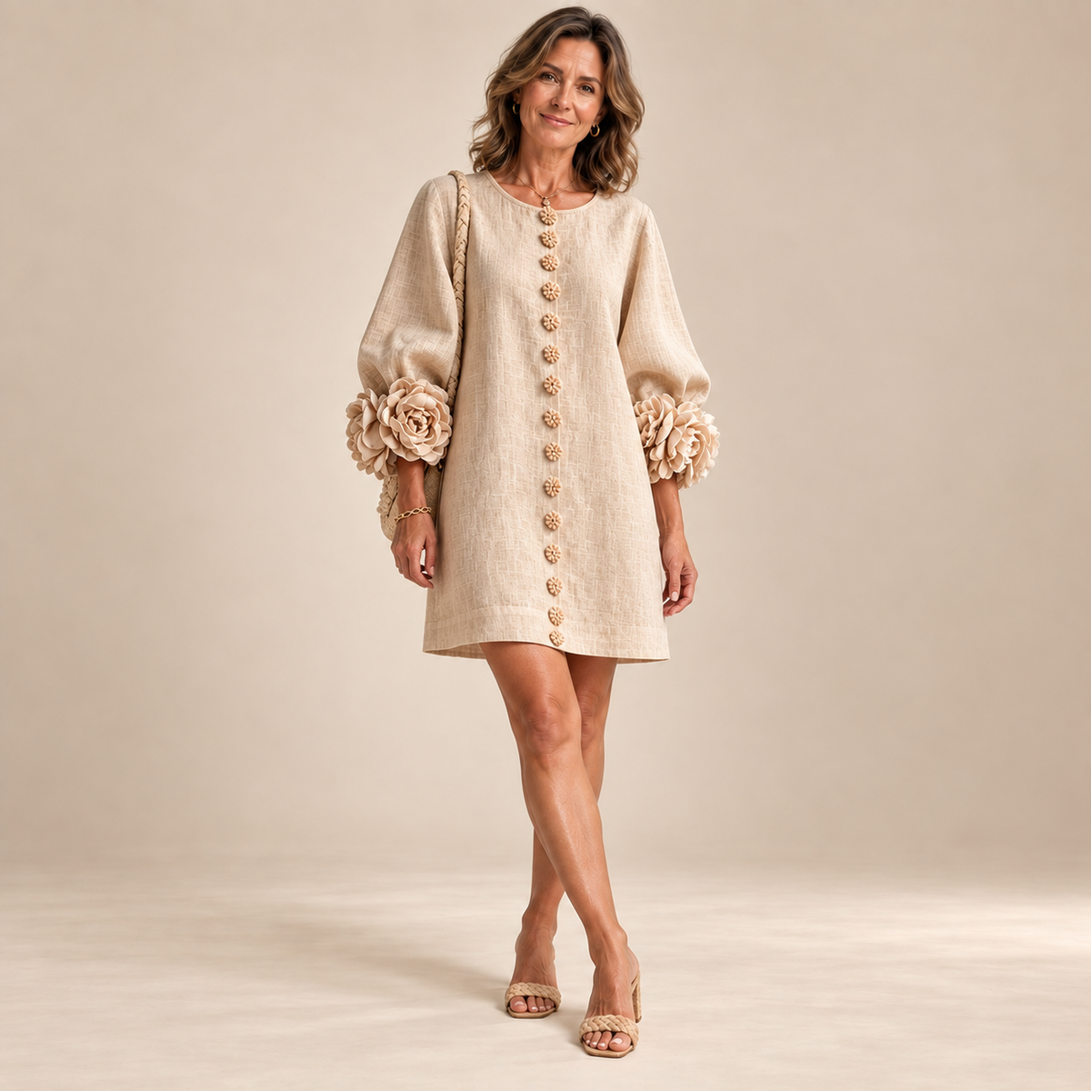 Rosalie Button-Down Mini Dress in Beige, worn by a mature woman