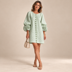 Rosalie Button-Down Mini Dress in Sage Mist, worn by a mature woman