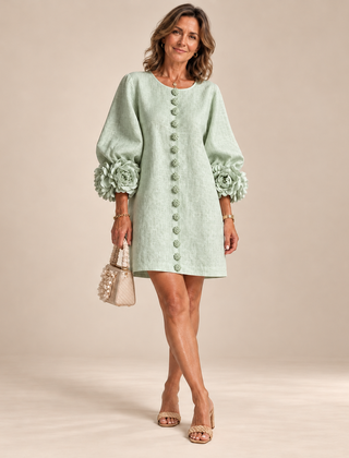 Rosalie Button-Down Mini Dress in Sage Mist, worn by a mature woman