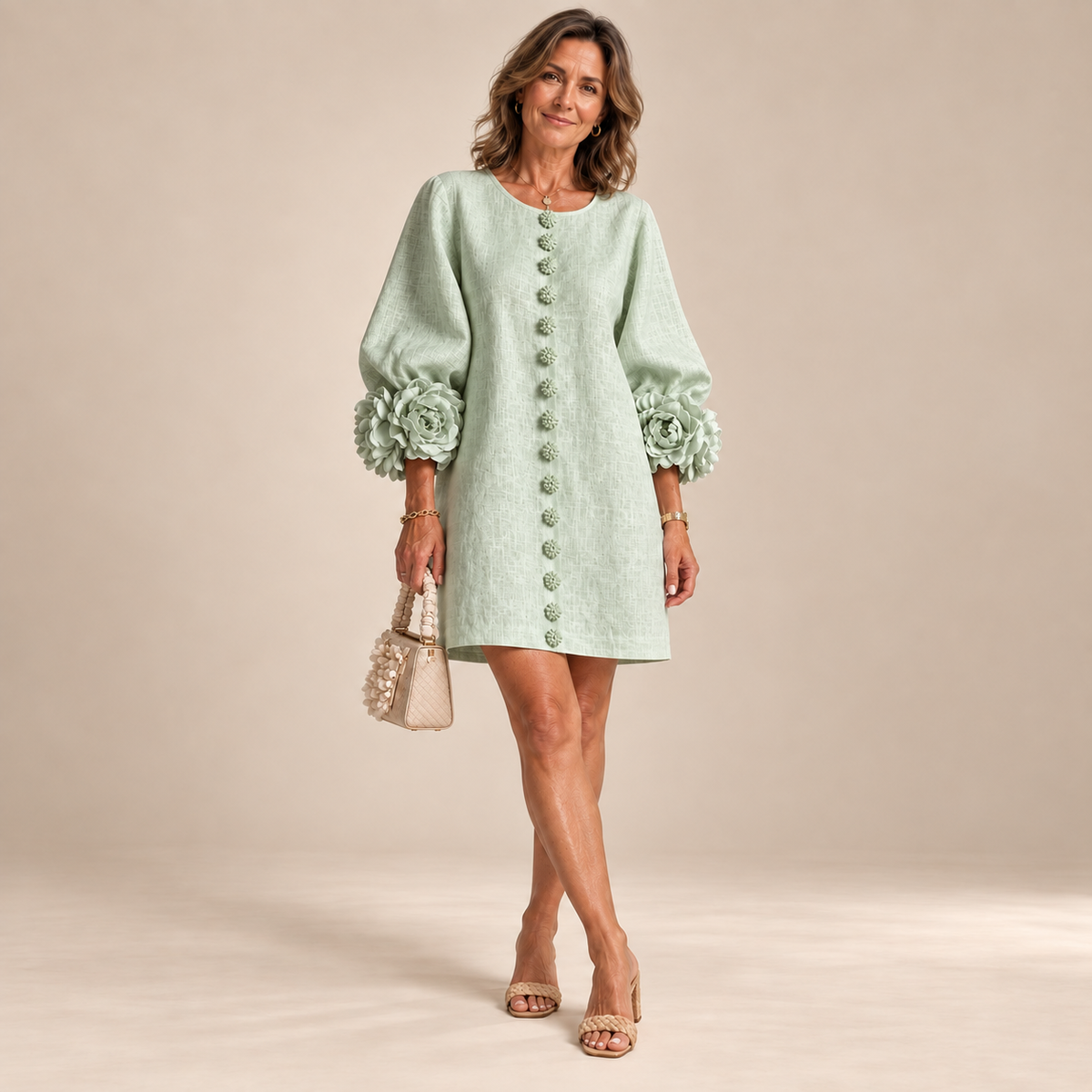 Rosalie Button-Down Mini Dress in Sage Mist, worn by a mature woman