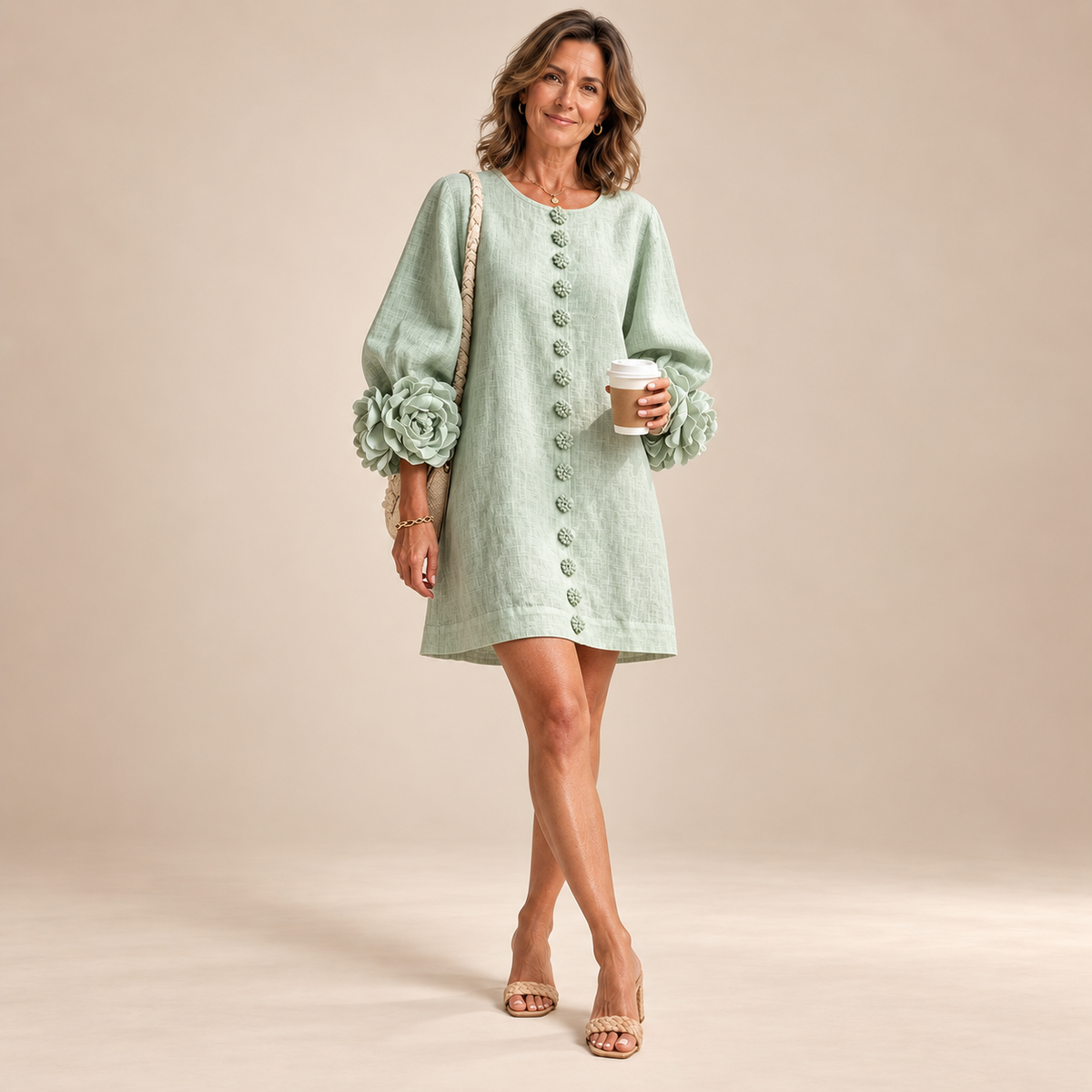 Rosalie Button-Down Mini Dress in Sage Mist, worn by a mature woman