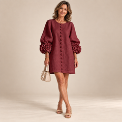 Rosalie Button-Down Mini Dress in Burgundy, worn by a mature woman