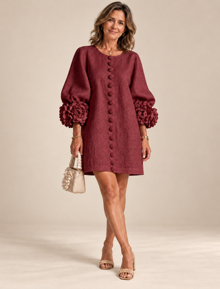 Rosalie Button-Down Mini Dress in Burgundy, worn by a mature woman