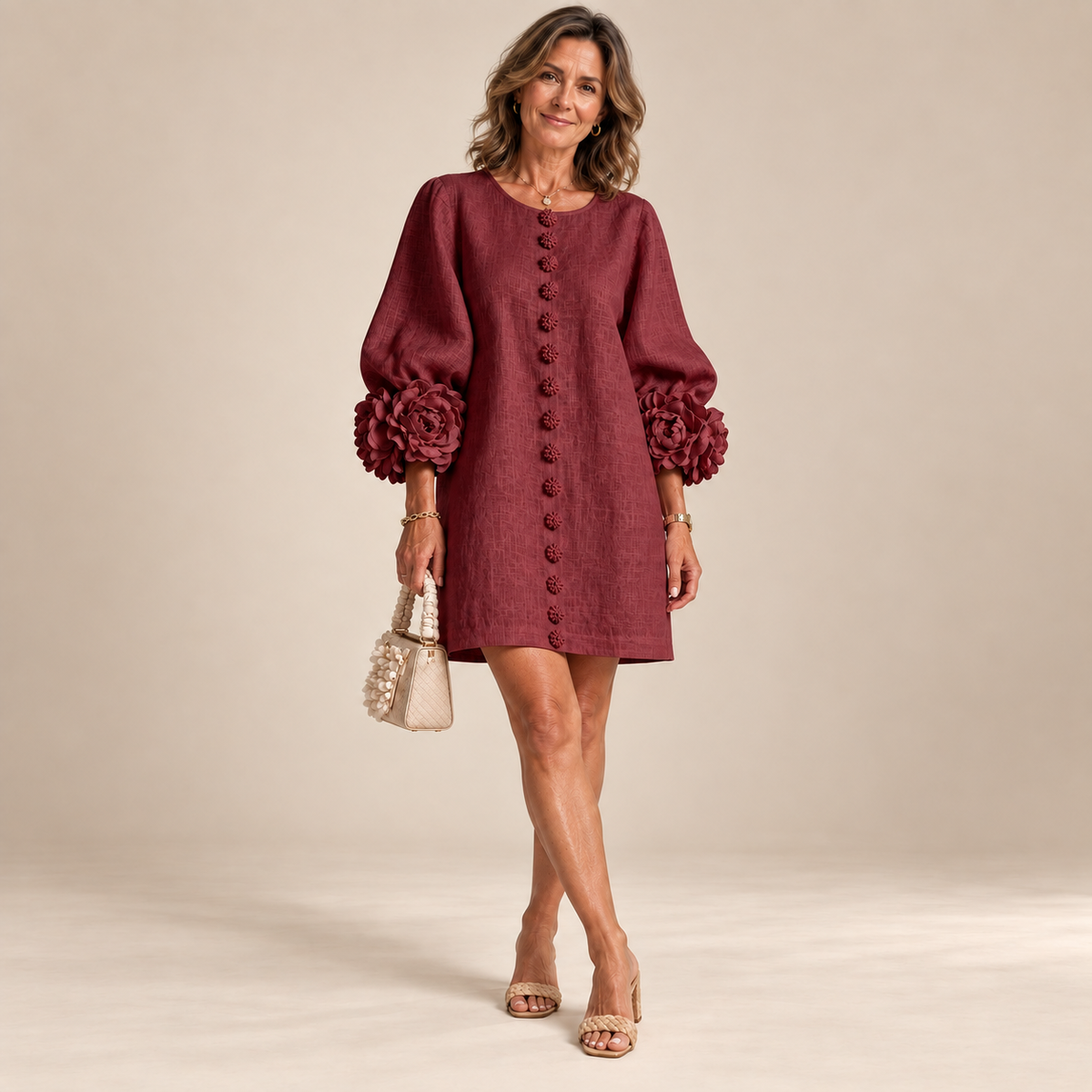 Rosalie Button-Down Mini Dress in Burgundy, worn by a mature woman