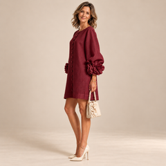 Rosalie Button-Down Mini Dress in Burgundy, worn by a mature woman