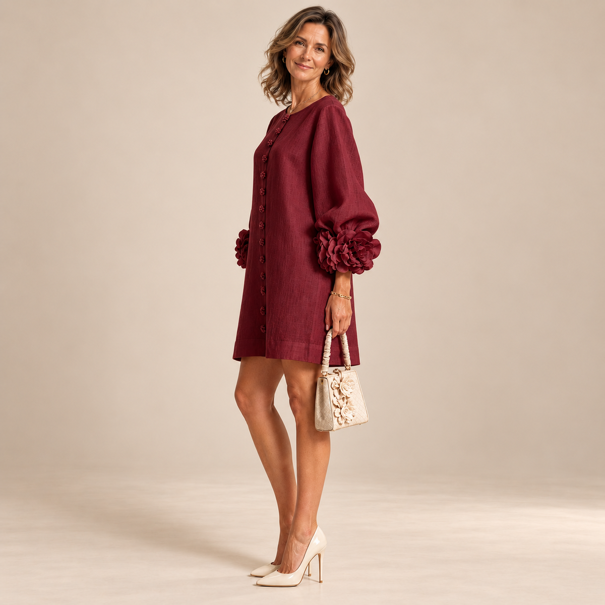Rosalie Button-Down Mini Dress in Burgundy, worn by a mature woman