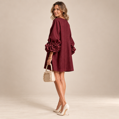 Rosalie Button-Down Mini Dress in Burgundy, worn by a mature woman