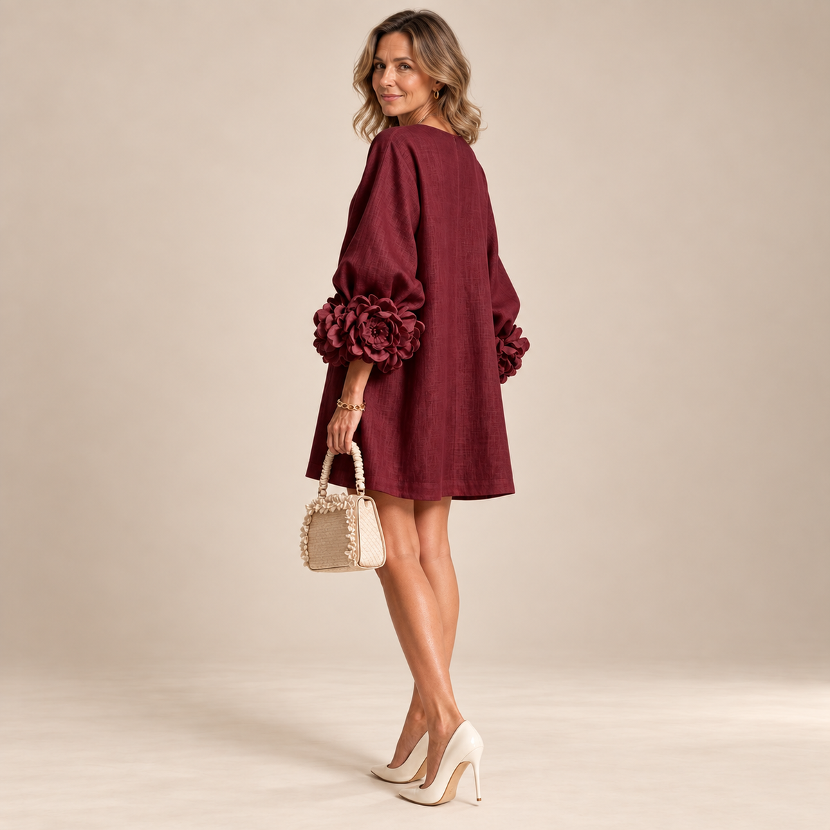 Rosalie Button-Down Mini Dress in Burgundy, worn by a mature woman