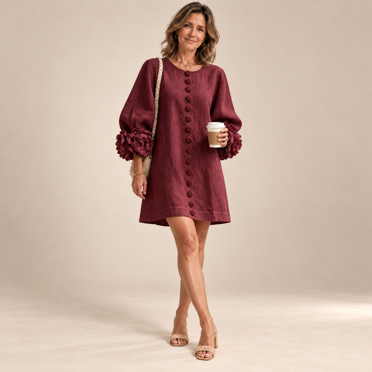 Rosalie Button-Down Mini Dress in Burgundy, worn by a mature woman