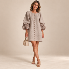 Rosalie Button-Down Mini Dress in Mushroom Taupe, worn by a mature woman