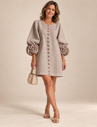 Rosalie Button-Down Mini Dress in Mushroom Taupe, worn by a mature woman