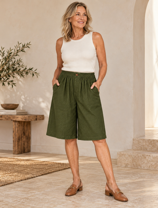Sabby Everyday Elegant Shorts in Army Green worn by a woman over 50