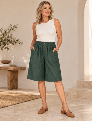 Sabby Everyday Elegant Shorts in Green worn by a woman over 50