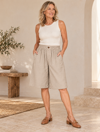 Sabby Everyday Elegant Shorts in Khaki worn by a woman over 50