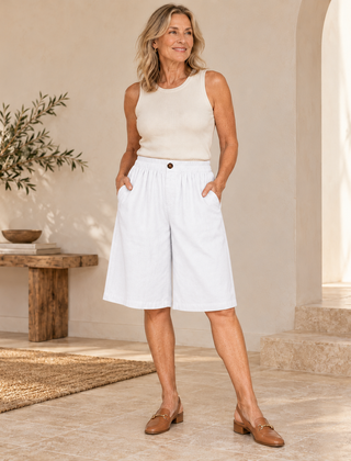 Sabby Everyday Elegant Shorts in White worn by a woman over 50