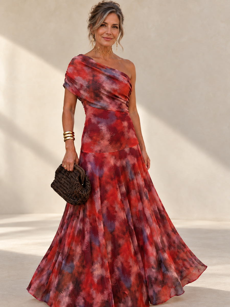 Valentina watercolor off-shoulder long dress on a mature woman – front view