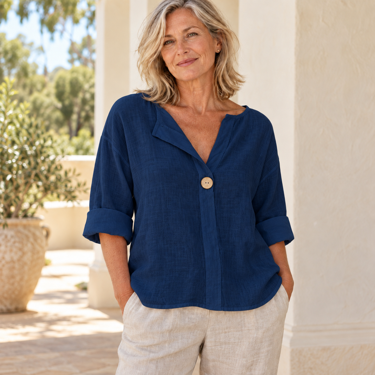 Zamma Relaxed V-Neck Top in navy blue, styled on a mature woman in a light summer setting